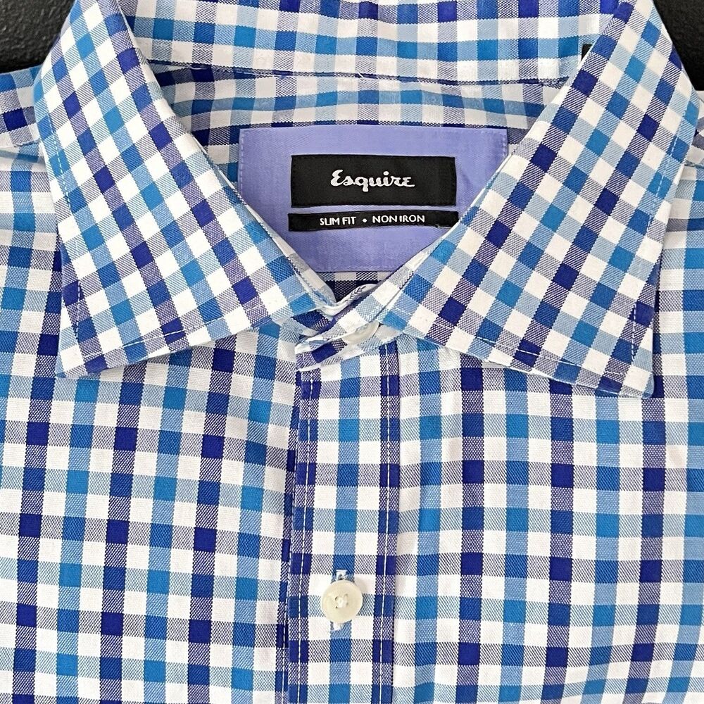 Esquire Men’s Button Down L 16 1/2 34/35 Blue Checker Long Sleeve Collar Cotton